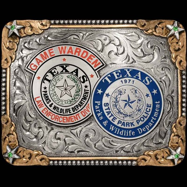 "Junior Brown, in his classic song, ""Highway Patrol"" says: ""I got a star on my car and one on my chest."" Now you can say you've got one on your Buckle, too! Our Townsend Belt Buckle is crafted on a hand-eng